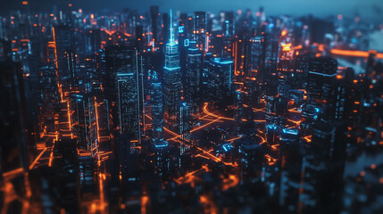 Fototapeta premium Smart digital Innovation city with connection network reciprocity over the cityscape. of future smart wireless digital city and social media networking systems that connects people with in city