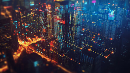 Fototapeta premium Smart digital Innovation city with connection network reciprocity over the cityscape. of future smart wireless digital city and social media networking systems that connects people with in city