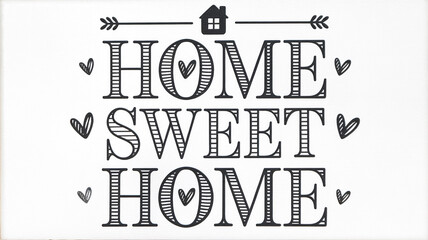 Home sweet home text with hearts and house. Interior design concept. For print, card, banner. Isolated on white background. Place for text.