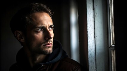Obraz premium in a dark room a dramatic portrait of a handsome man