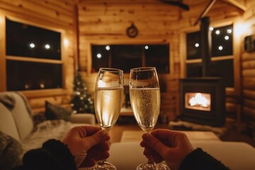 Hands clink together champagne glasses in a warmly lit log cabin, with a roaring fireplace in view, capturing the essence of celebration and camaraderie in a cozy setting.