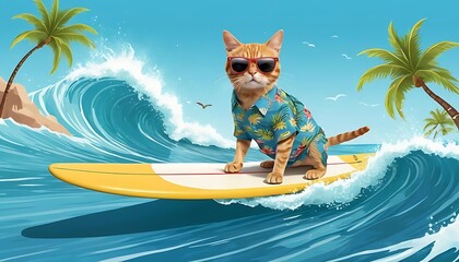 A fun and energetic digital illustration of a cat riding a surfboard on a big wave, wearing sunglasses and a Hawaiian shirt