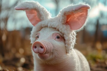 A charming piglet wears a fluffy hood with rabbit-like ears, exuding a sense of adorable curiosity and warmth in a serene, natural outdoor setting.