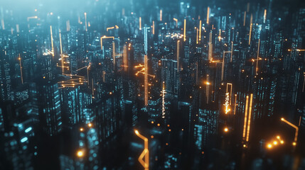 Smart digital Innovation city with connection network reciprocity over the cityscape. of future smart wireless digital city and social media networking systems that connects people with in city