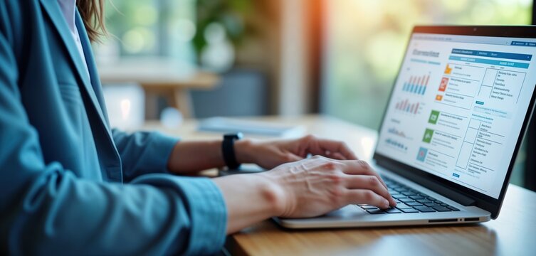 Person working on laptop. Businesswoman using laptop for task management. Online checklist, survey form completed on screen. Modern office workspace. Efficient data management. Digital productivity.