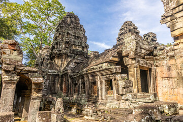 Fototapeta premium Ancient hindu Banteay Kdei khmer ruined temple lost in jungle, Angkor Archaeological Park, Siem Reap, Cambodia
