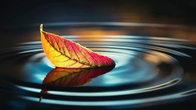 Floating leaf creating ripples on water surface