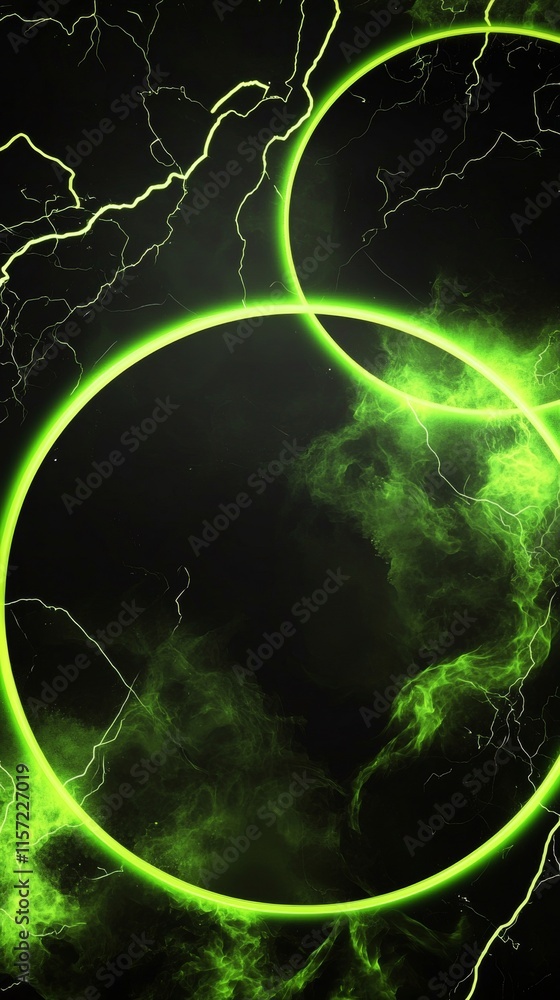 Poster two intersecting green neon circles frame a vibrant display of electric lightning and swirling smoke