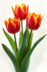 Fototapeta premium Three vibrant red and yellow tulips are presented in close-up view. Spring flowers displayed with rich green leaves in the foreground. Close-up flower arrangement. Beautiful tulips with bright colors.
