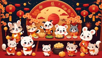 Playful cartoon-style Lunar New Year scene with adorable animals hosting a festival, complete with dumplings, lanterns, and fireworks
