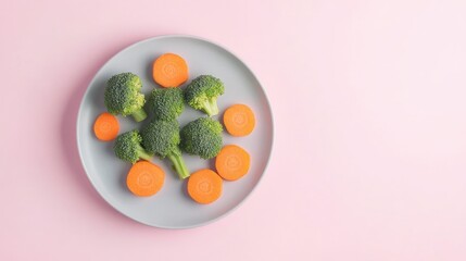 Fresh Broccoli and Carrot Composition on a Light Pink Background