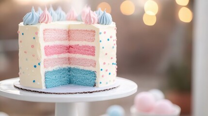 Delightful pastel layered cake with pink and blue frosting displayed on a white cake stand at a cheerful celebration