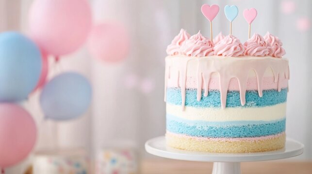 Colorful layered cake with pink and blue frosting displayed at a cheerful celebration setting