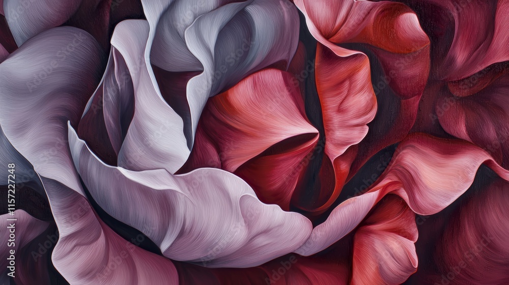 Poster abstract floral pattern with red and grey petals creating a sense of depth and movement, ideal for b