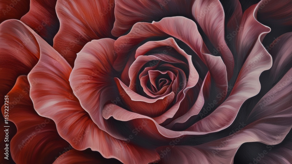 Aufkleber painting showcasing the intricate details of a red rose, focusing on the delicate curves and folds o