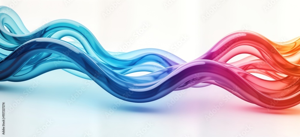 Poster Abstract 3d wave shapes in iridescent colors. Glassy curves flow, swirl in dynamic design. Futuristic, colorful abstract pattern. Multicolored gradient effect. Smooth lines, flowing forms create