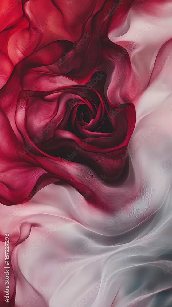 Poster smooth elegant red and white fabric forming an abstract rose, creating a luxurious and romantic atmo