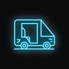 Blue neon sign of a self driving electric minibus icon glowing on a black background