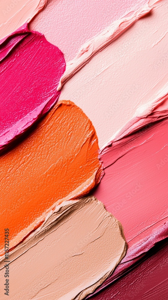 Poster different shades of lipstick are smeared on a surface, creating a vibrant display of colors ranging 