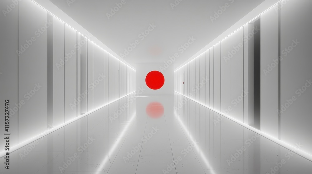 Poster a minimalistic corridor featuring a large red circle at the end, illuminated by soft white lighting 
