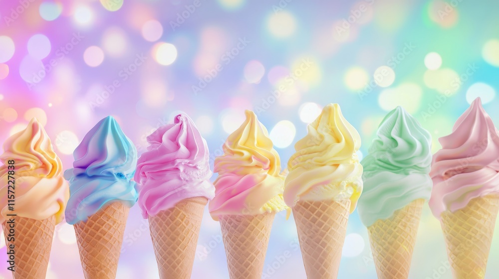 Aufkleber seven pastel-colored soft serve ice cream cones are displayed in a row against a vibrant, sparkling 