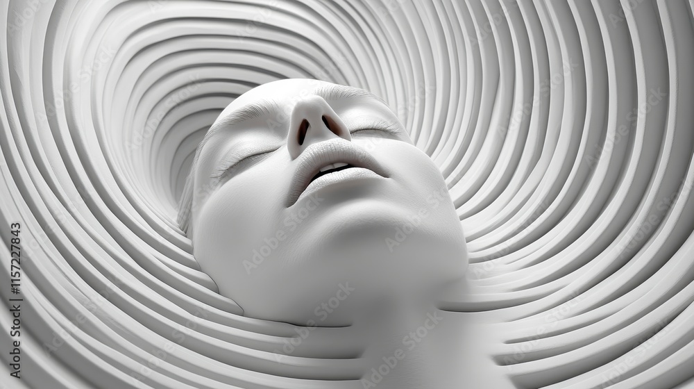 Poster a serene, abstract depiction of a face surrounded by swirling, white patterns, evoking a sense of tr