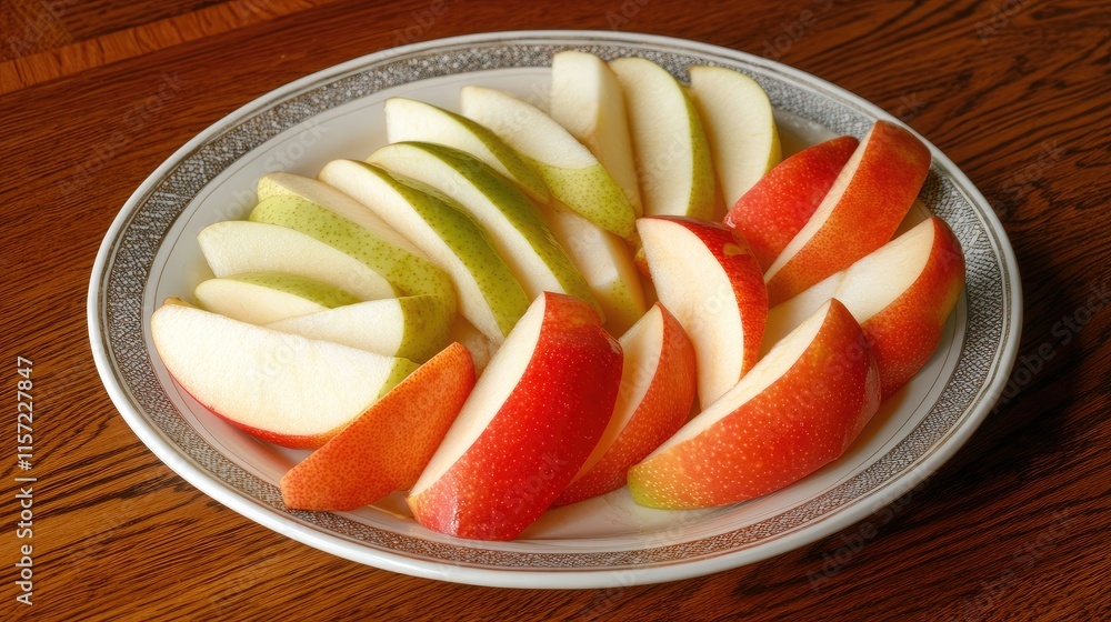 Poster freshly sliced apples on plate with colorful varieties displayed