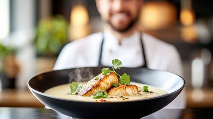 Culinary expert showcasing a beautifully plated fish dish in a modern restaurant setting with fresh herbs and creamy sauce