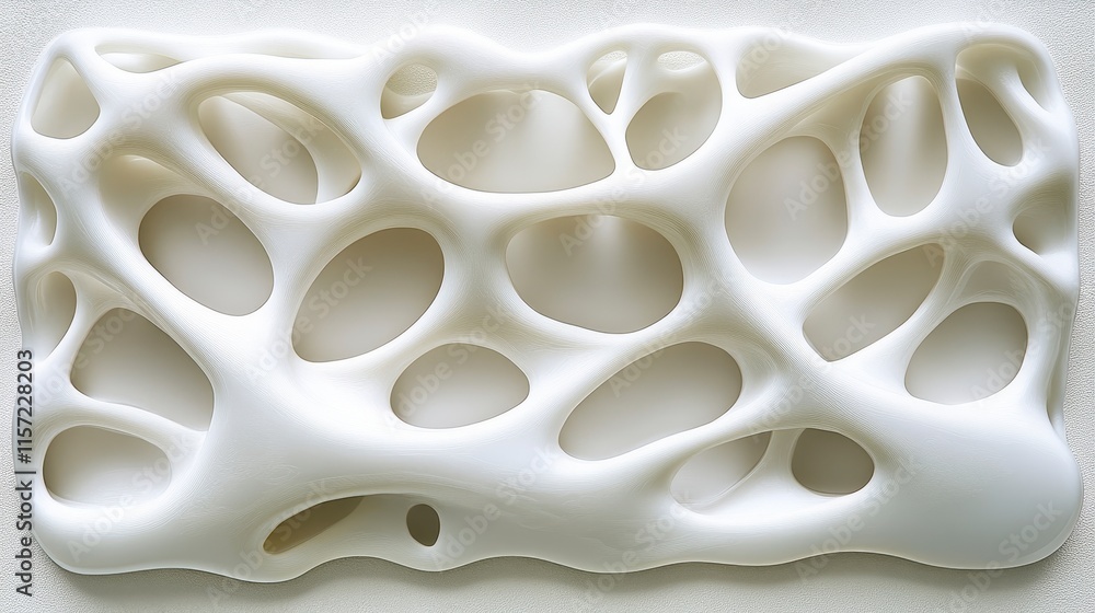 Poster an intricate, porous white structure resembling organic forms, showcasing a network of interconnecte