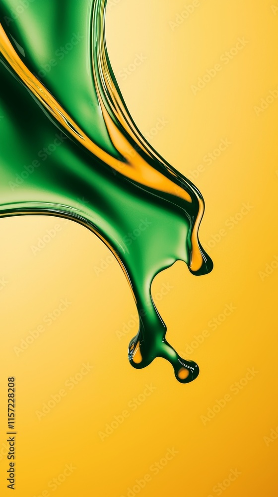 Poster green liquid splashing and swirling against a vibrant yellow background, creating dynamic abstract s