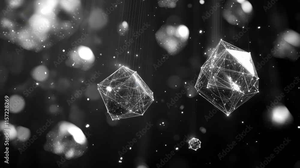 Poster abstract black-and-white image of floating geometric shapes, resembling crystals or particles, set a