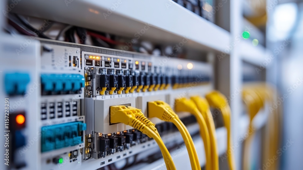 Poster a close-up of network switches with multiple yellow ethernet cables connected, showcasing a modern d
