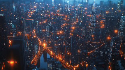 Obraz premium Smart digital Innovation city with connection network reciprocity over the cityscape. of future smart wireless digital city and social media networking systems that connects people with in city