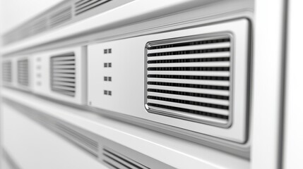 Fototapeta premium A close-up view of an air conditioning vent, showcasing its sleek design and functional slats for airflow in a modern interior setting.
