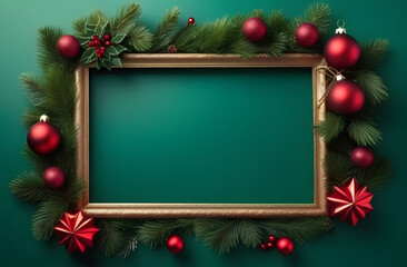 On a green background, a golden frame decorated with Christmas tree branches, red balls and mistletoe. Christmas Template.
