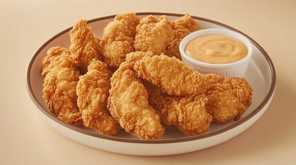 Crispy Fried Chicken Tenders Served with Dipping Sauce Plate