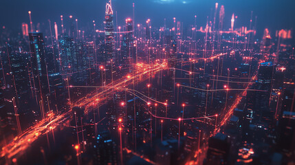 Fototapeta premium Smart digital Innovation city with connection network reciprocity over the cityscape. of future smart wireless digital city and social media networking systems that connects people with in city