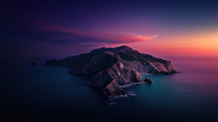 Sunset over a secluded island with rugged cliffs and serene waters, capturing the essence of...