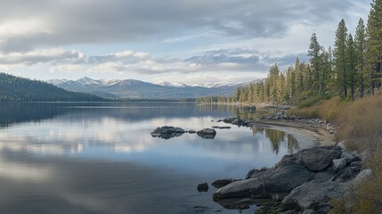 Serene Lake Landscape with Mountains and Forest Reflections