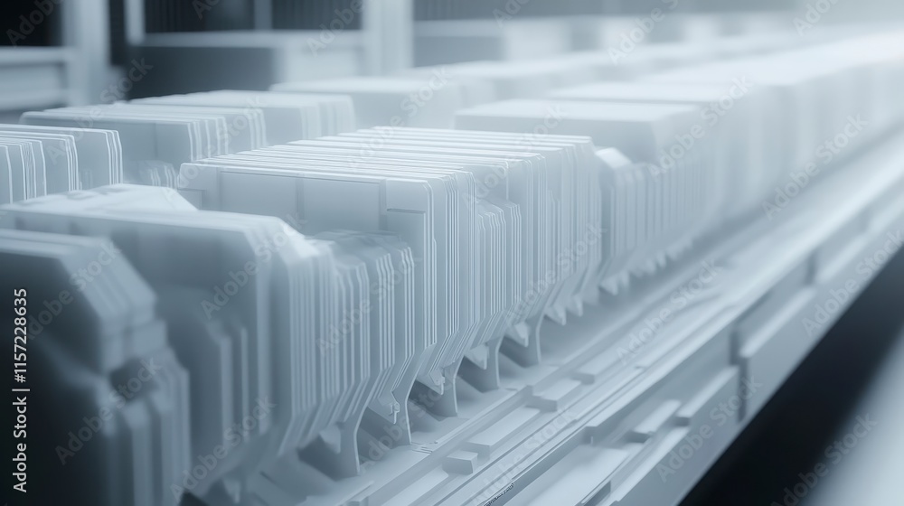 Aufkleber a futuristic scene featuring a series of stacked, translucent structures arranged in a linear fashio