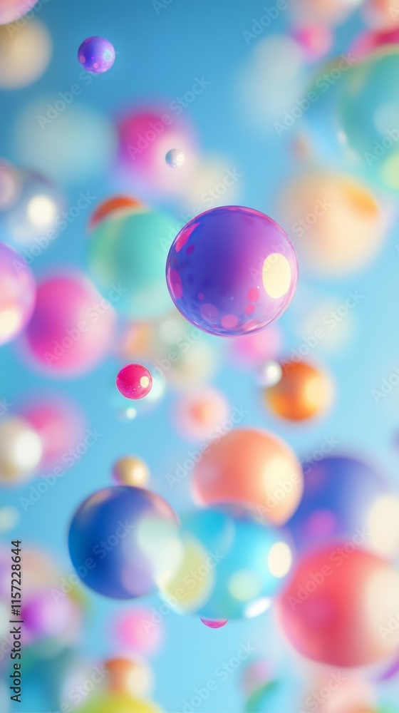 Poster many colorful bubbles of different sizes are floating and overlapping on a light blue background, cr