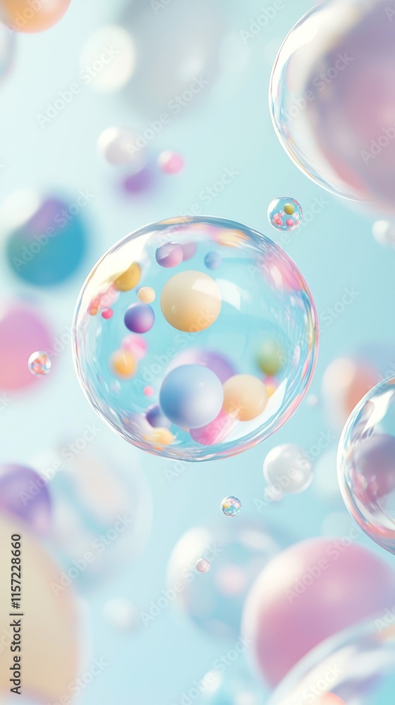 Poster colorful spheres float within larger transparent bubbles against a soft blue backdrop, creating a dr