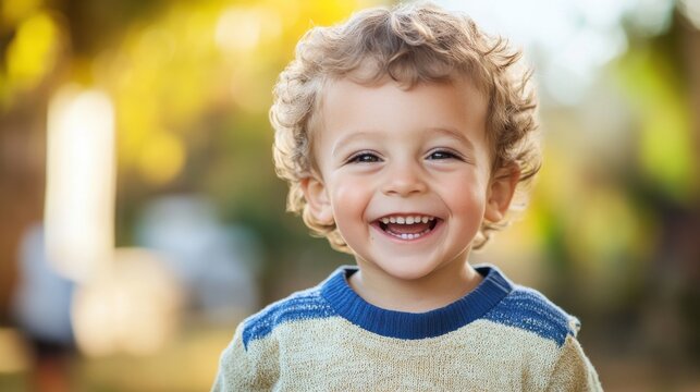 Happy child smiles brightly outdoors in soft sunlight, capturing a joyful moment in a natural setting during a warm afternoon