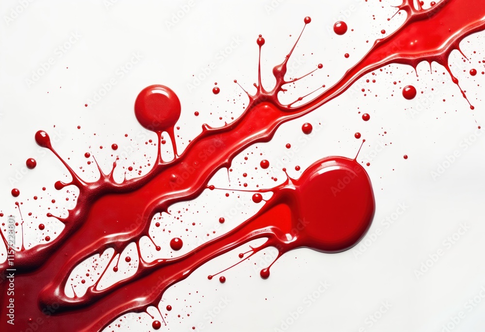 Poster red paint drips, splatters on white background. abstract design with paint splashes, drops. artistic