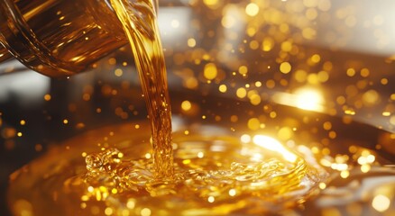 Realistic shot of golden oil being poured into the engine