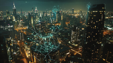 Naklejka premium Smart digital Innovation city with connection network reciprocity over the cityscape. of future smart wireless digital city and social media networking systems that connects people with in city