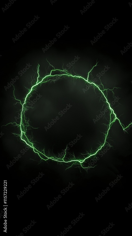 Poster glowing green electric lightning forms a circular frame against a dark background, infusing projects