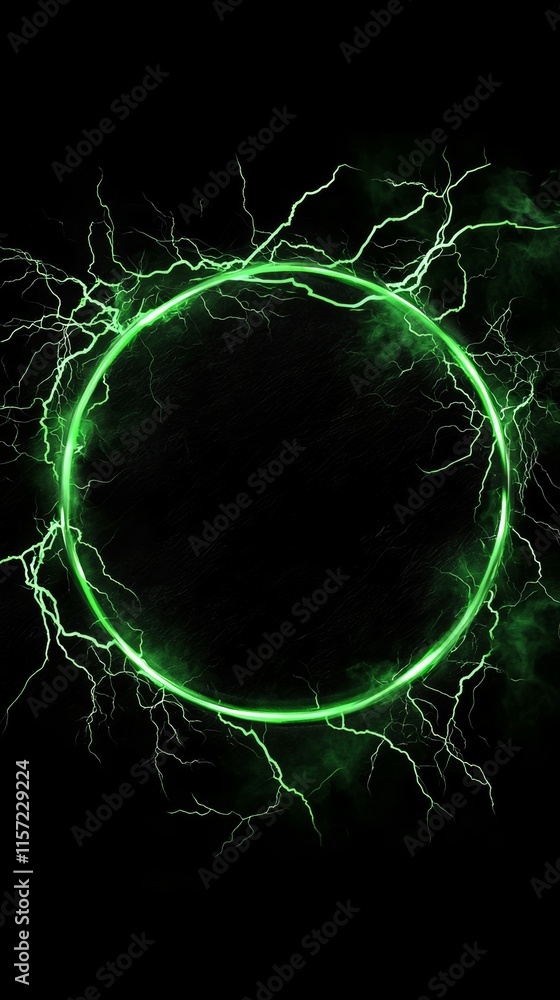 Poster green electric lightning is surrounding a circular frame on a dark textured background. creating a p