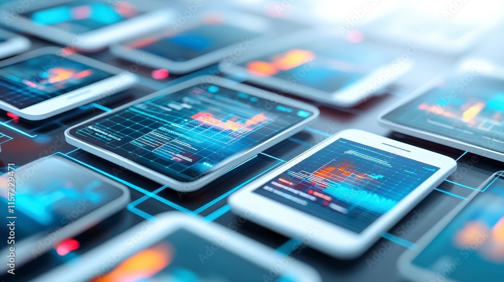Poster a collection of smartphones displaying financial data and charts, highlighting digital technology an