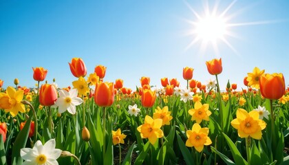 Fototapeta premium Colorful tulips and daffodils in a sunny field